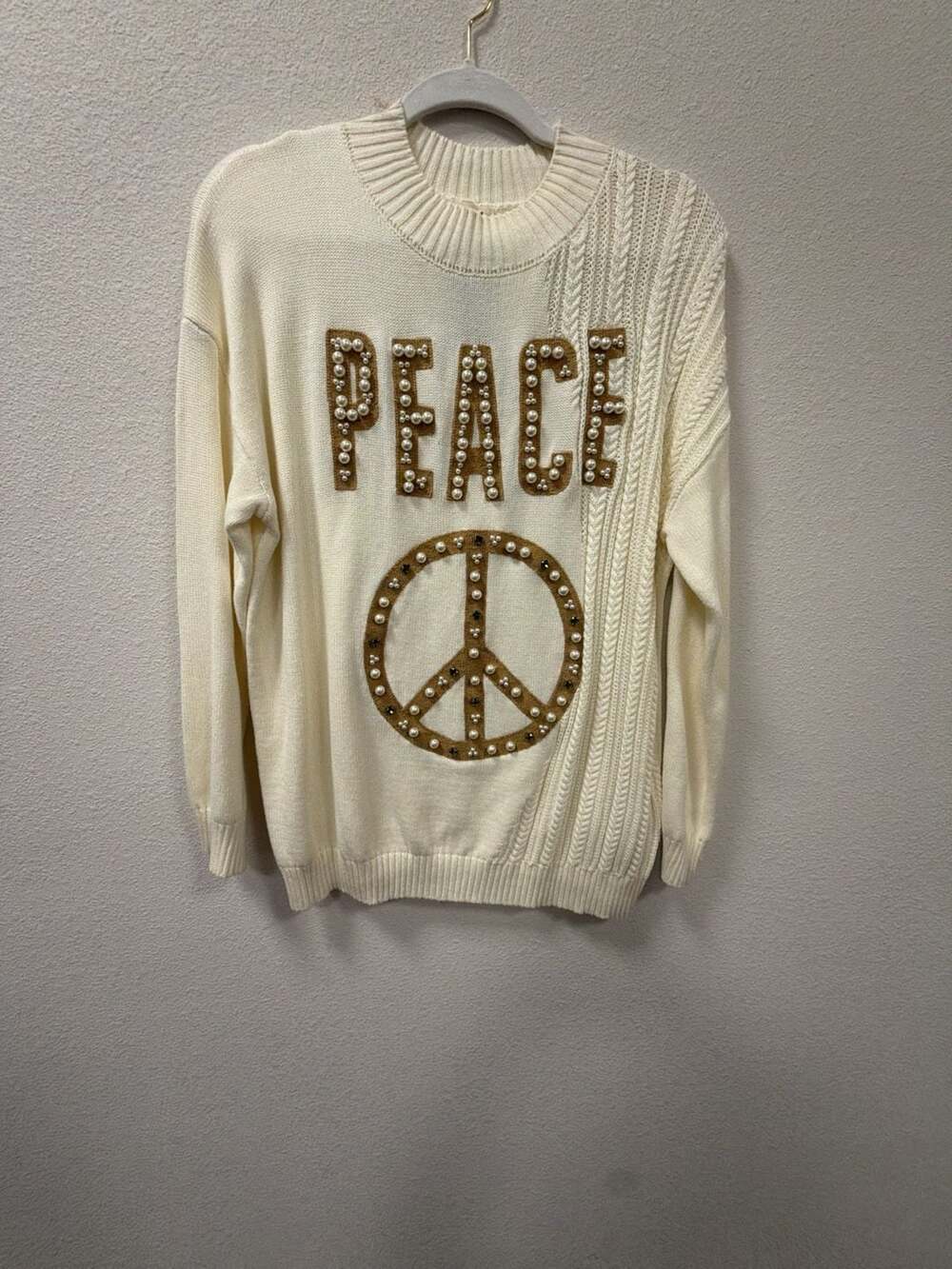 POL Peace Sweater Size S Ivory Cable Knit Faux Pearl Embellished